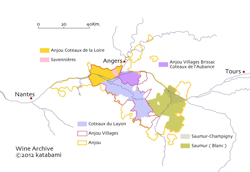 アンジュ、ソミュール地区の AOC の地図