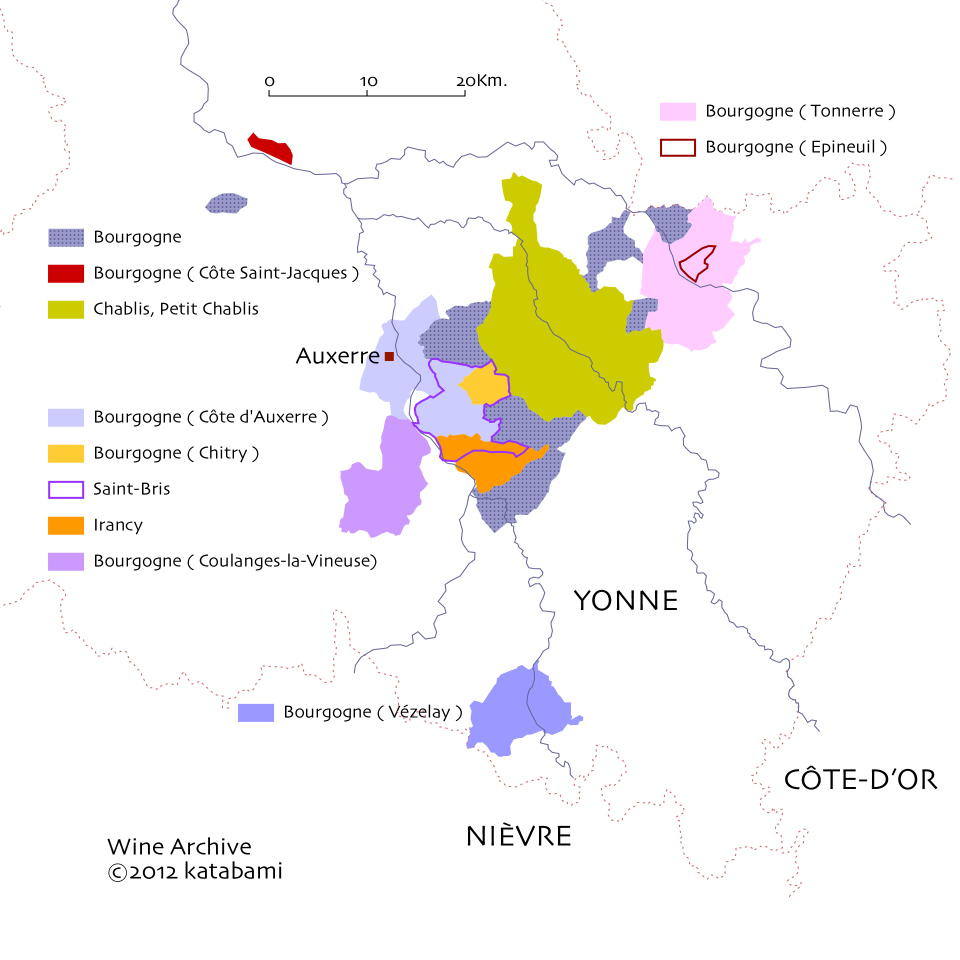 ヨンヌ地区の AOC の地図